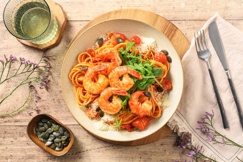 Double King Prawn, Chilli and Baby Plum Tomato Linguine