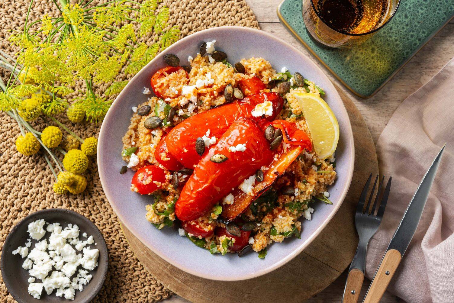Feta and Charred Pepper Bulgur Wheat Salad