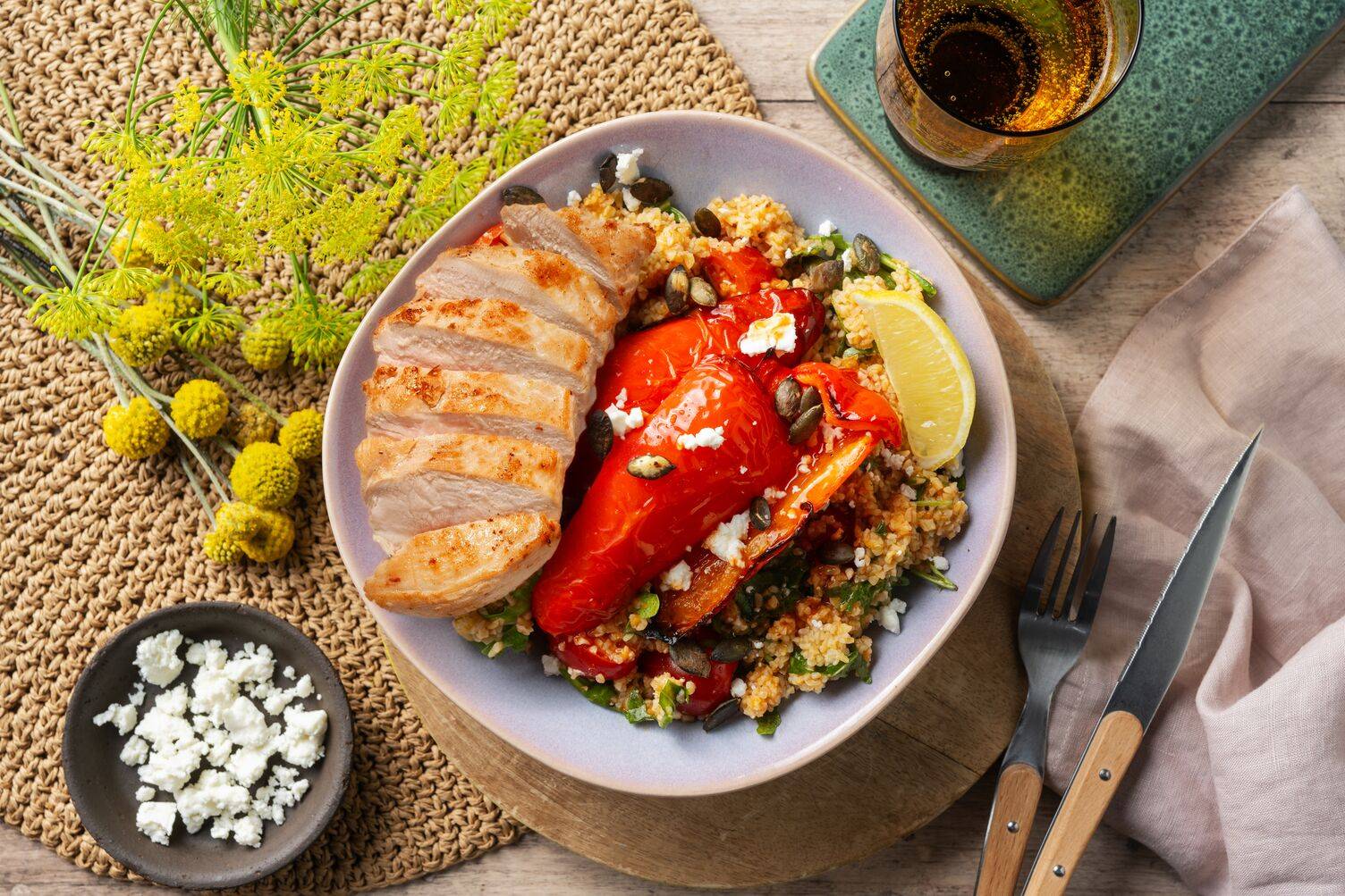 Chicken, Feta and Charred Pepper Bulgur Wheat Salad