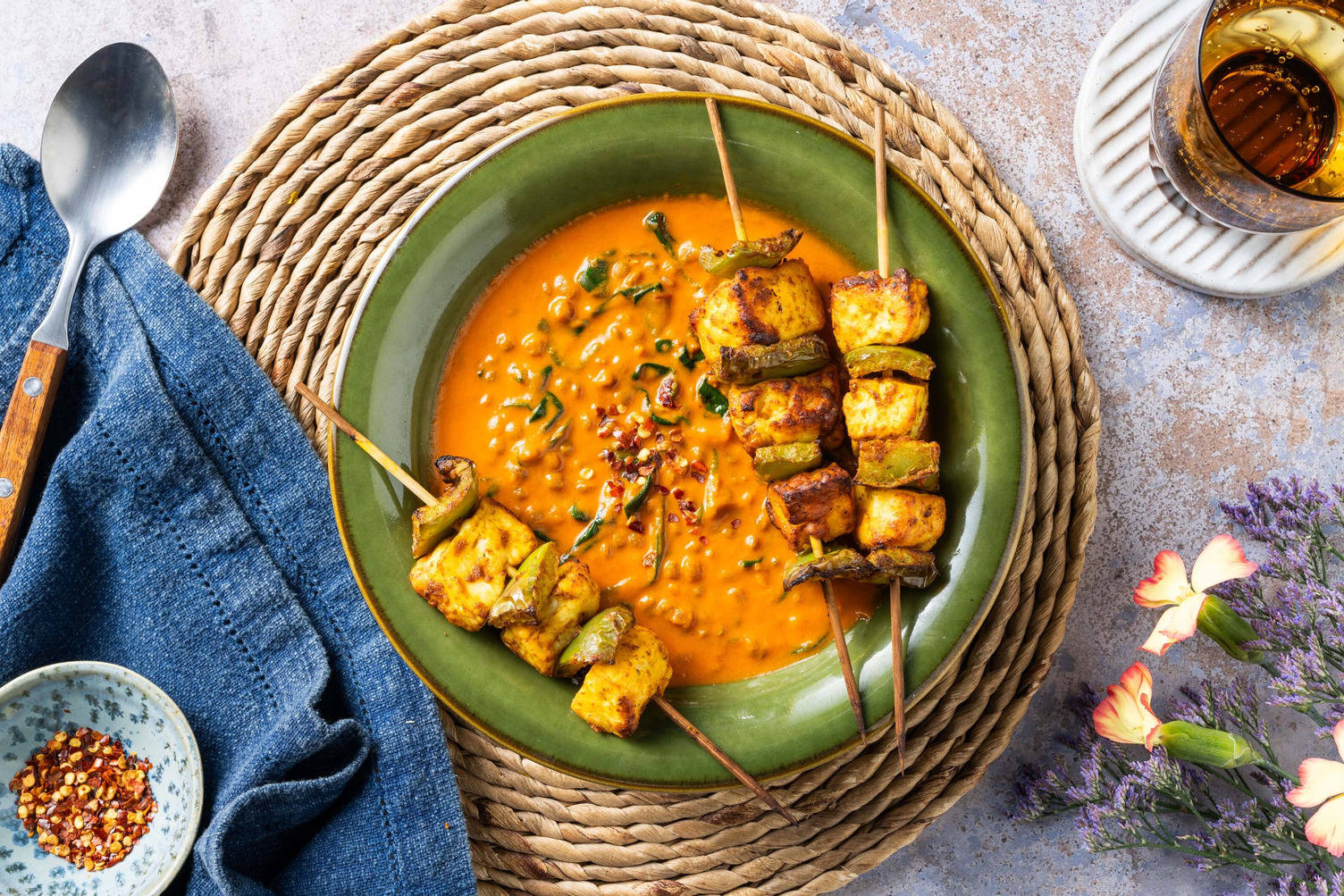 Spiced Paneer and Green Pepper Skewers