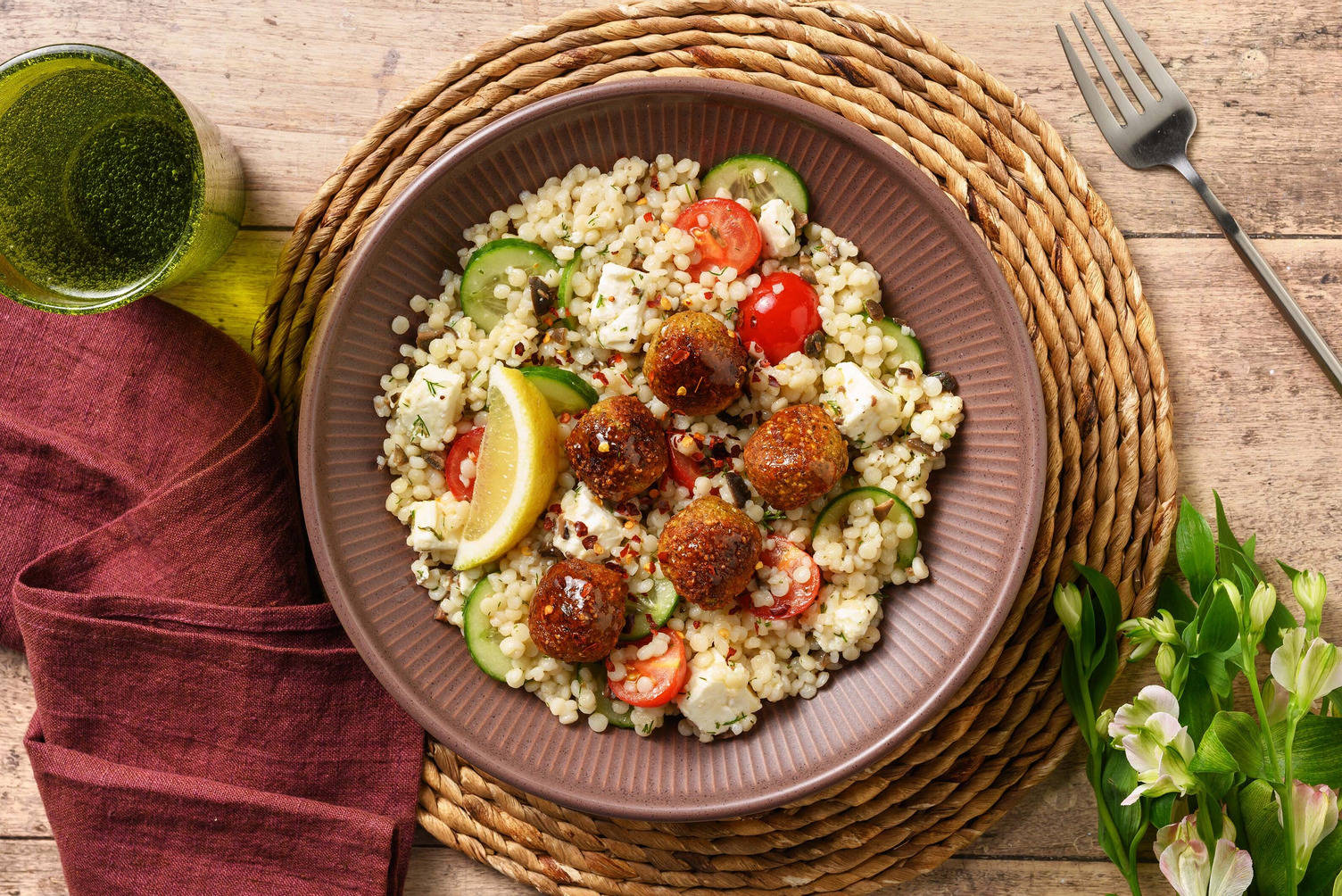 Greek Inspired Pearl Couscous Falafel Nourish Bowl