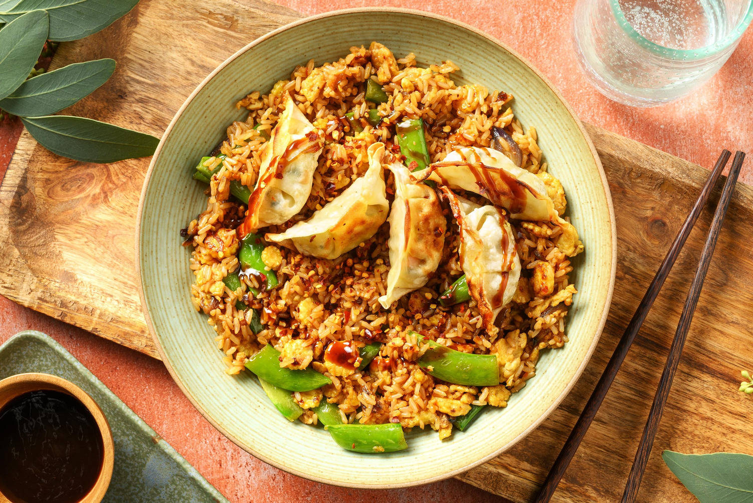 Vegetable Gyoza Topped Fried Cauli Rice
