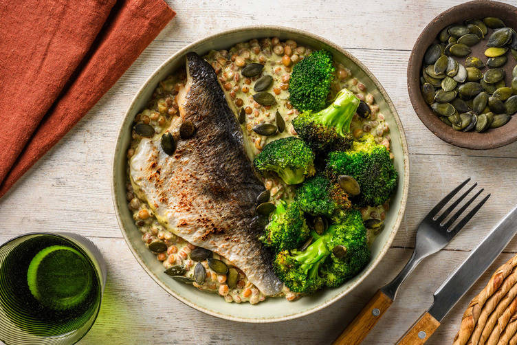 Sea Bream on a Bed of Creamy Pesto Lentils