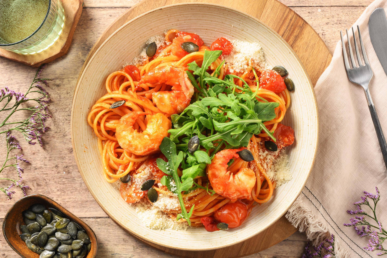 Double King Prawn, Chilli and Baby Plum Tomato Linguine