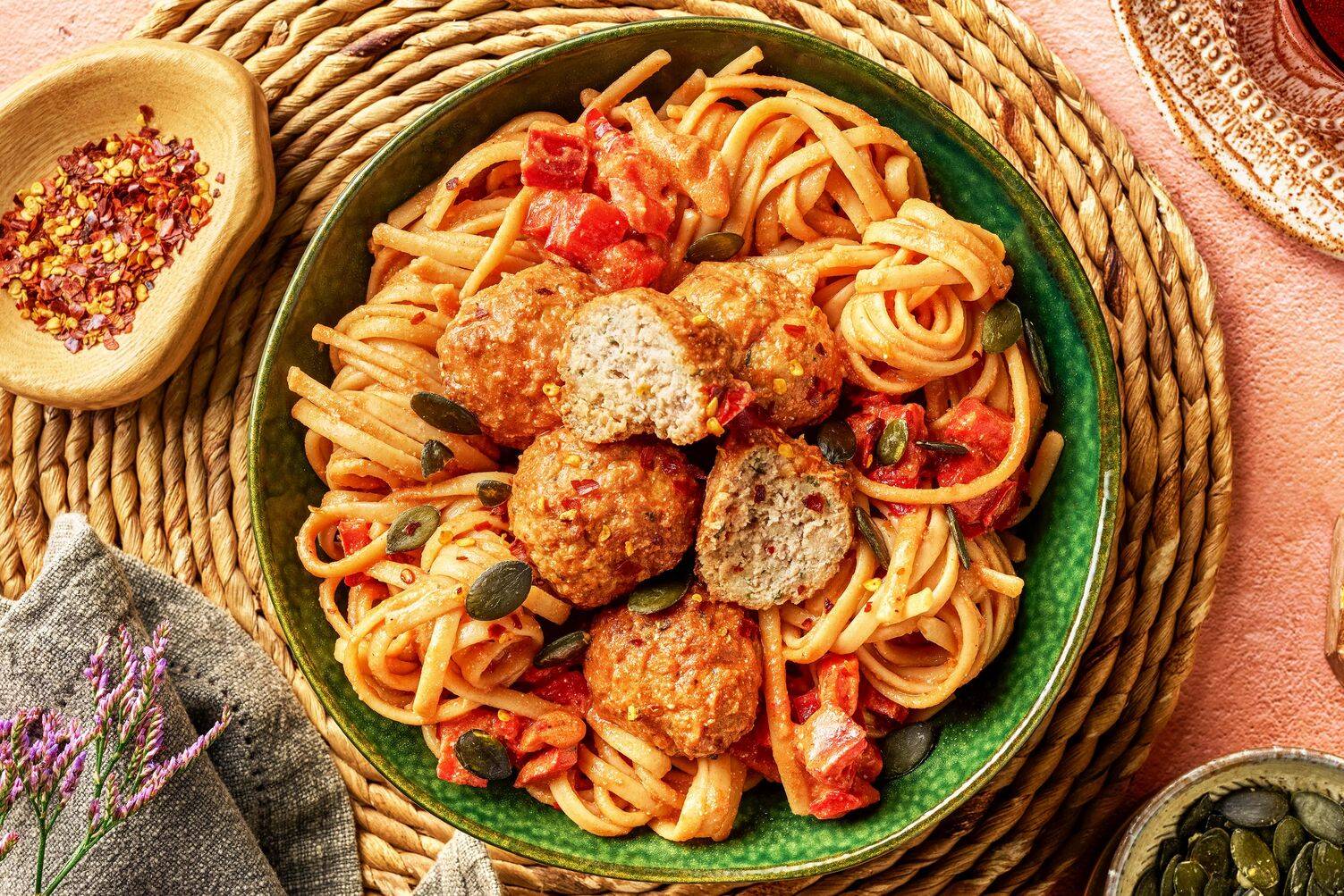 Herby Pork and Ricotta Meatball Linguine