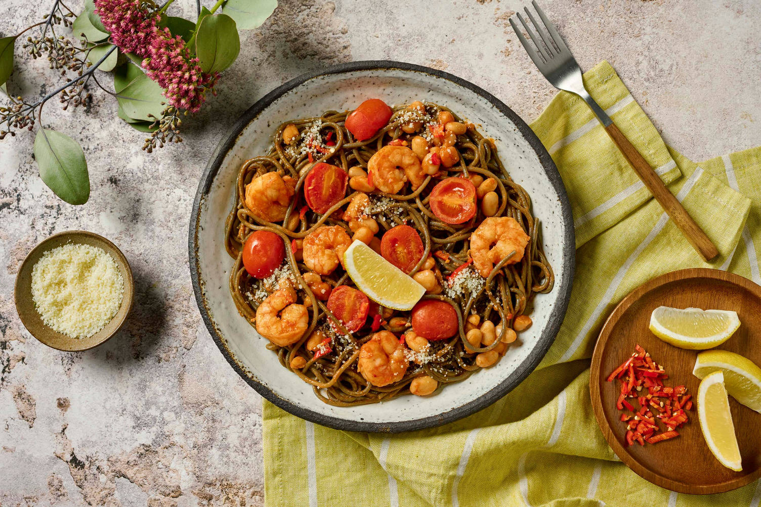 Double King Prawn and Butter Bean Squid Ink Spaghetti