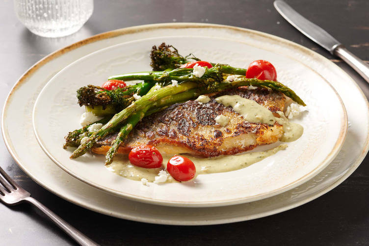 Pan-Fried Sea Bass in a Creamy Pesto Sauce