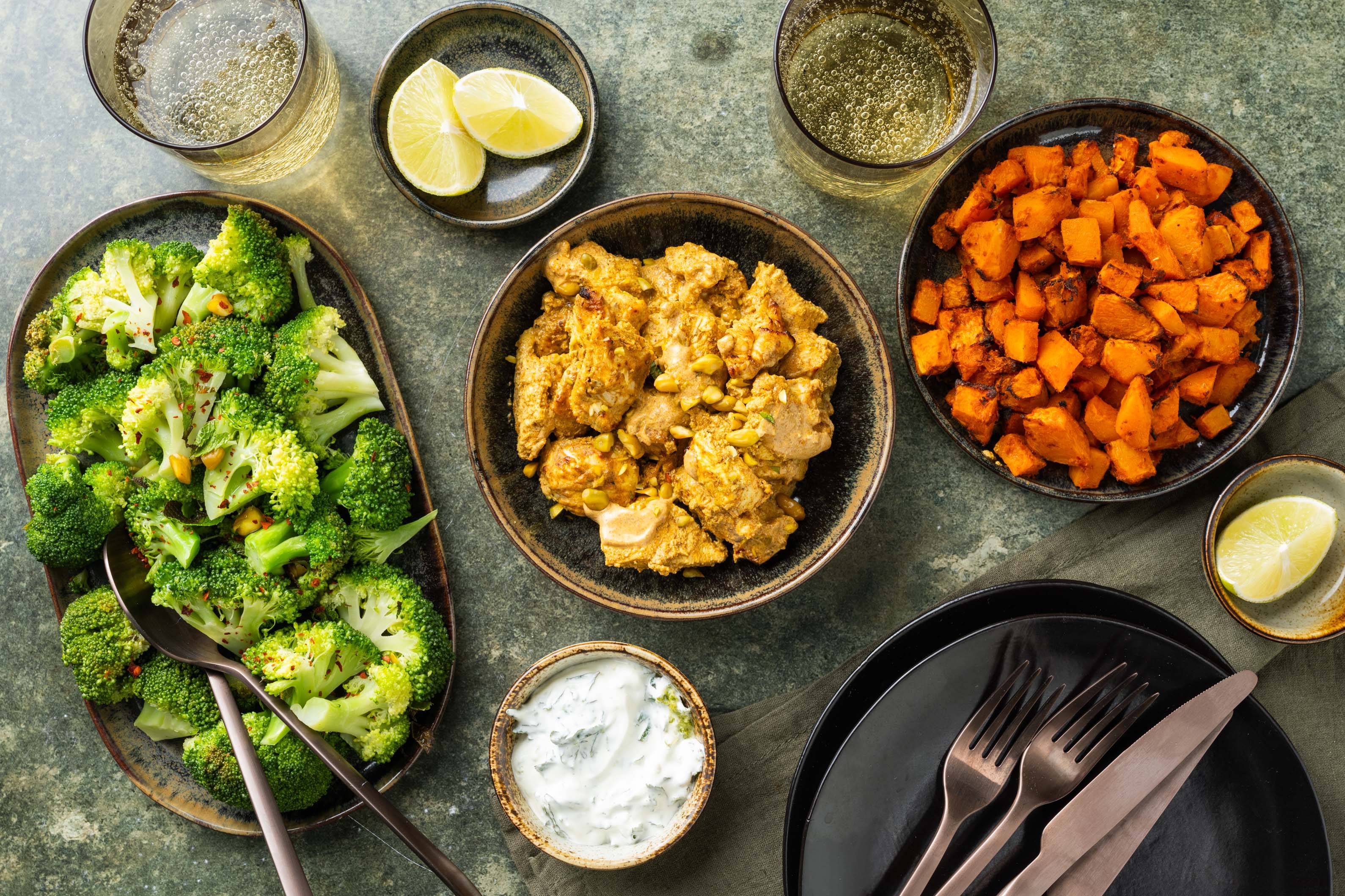 Chicken Tikka Thali with Chilli Broccoli Salad, Roasted Spiced Butternut and a Lime & Mint Raita